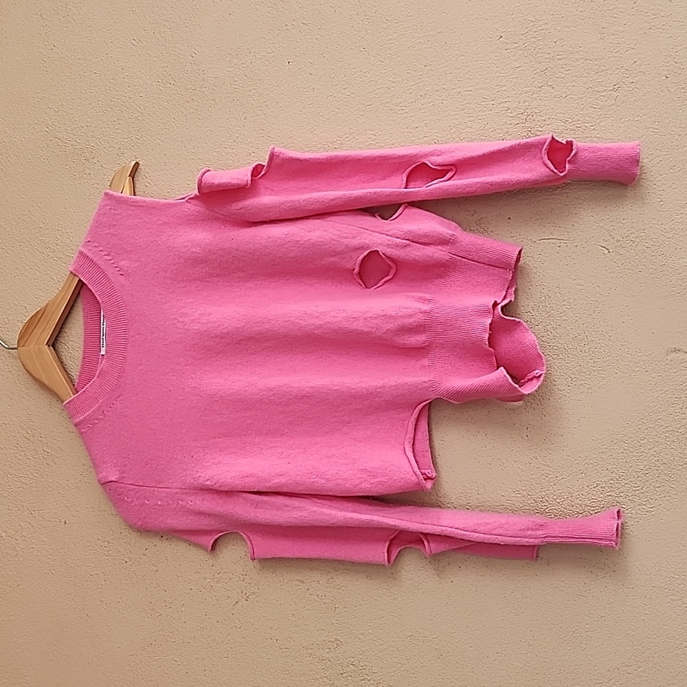 THE OPEN PRODUCT YY Pink Wool Sweater S Cut Out Distressed Korean Designer Rare - Picture 14 of 15